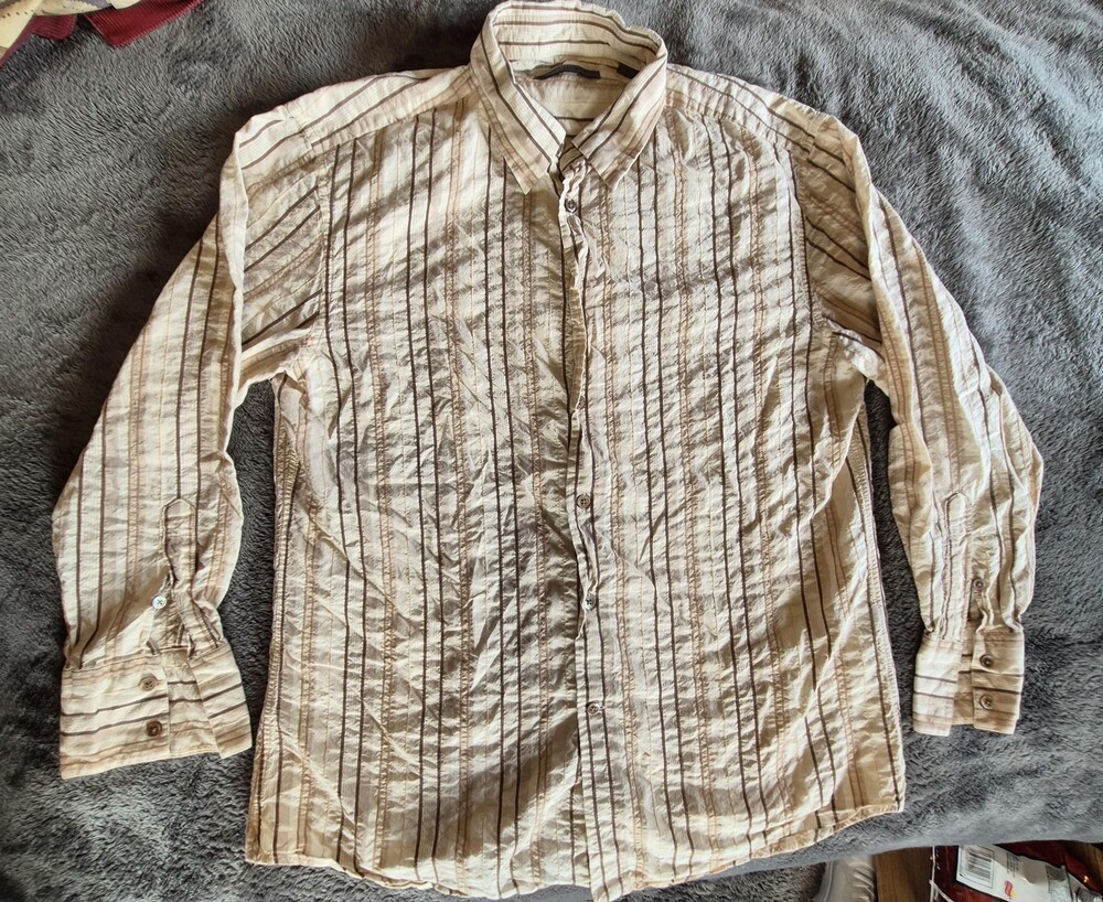 John Varvatos Shirt Mens Large Beige Brown Striped Button Up Long Sleeve Cotton